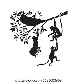 "Vector design featuring hanging monkey silhouettes on a tree branch over a white background."