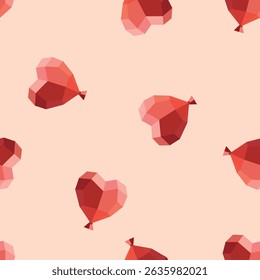 Vector design featuring low-poly heart balloons in red tones floating across light beige surface, perfect for romantic and emotional projects