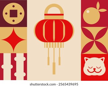 Vector design featuring a lucky cat, Chinese lantern, and cultural symbols in red and gold tones, perfect for festive decor and product design, isolated on white.