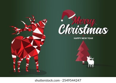 vector design featuring "Merry Christmas and Happy New Year" text with a swamp deer, Christmas tree, and Santa cap in red and green shades. Perfect for holiday cards, decorations, and seasonal themes.