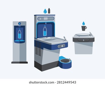 Vector design featuring a modern water refilling station, drinking fountain, and bottle cooler system for public or office spaces.