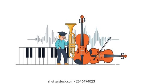 Design vetorial com um músico com instrumentos musicais e ilustrações de teclas de piano