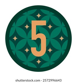 Vector design featuring the number 5 on a dark green floral background with gold star highlights. A beautiful addition to branding materials, digital media, or creative projects.