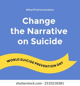 Vector design featuring a ribbon, emoticon, and speech bubble, promoting suicide prevention awareness with the theme "Change the Narrative on Suicide"