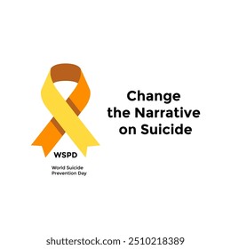 Diseño de Vector con una cinta, un emoticono y una burbuja de discurso, promoviendo la conciencia sobre la prevención del suicidio con el tema "Cambia la narrativa sobre el suicidio"