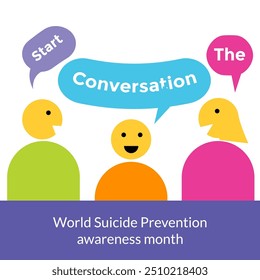 Vector design featuring a ribbon, emoticon, and speech bubble, promoting suicide prevention awareness with the theme "Change the Narrative on Suicide"