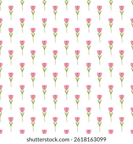  vector design featuring a seamless arrangement of pink flowers with green stems on a white background, creating a cheerful and minimalistic decorative motif suitable for printing and digital projects