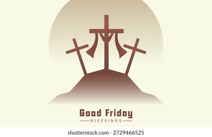 Ein Vektordesign mit drei Kreuzen auf einem Hügel mit den Worten Karfreitag Segnungen, perfekt für Ostern oder Karfreitag Feiern, die ein Gefühl des Glaubens, Spiritualität und Hoffnung vermitteln.