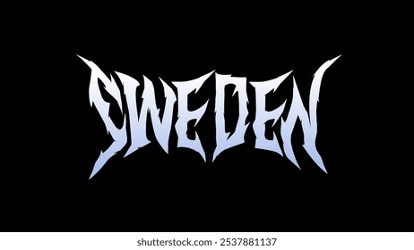 Vector design featuring the word 'SWEDEN' in a sharp, jagged metal-inspired font. The icy blue and white gradient text stands out against a dark background, giving the design a cold, edgy feel. Ideal