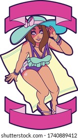 Diseño vectorial del personaje femenino en un traje de baño con carteles de cinta superior e inferior  