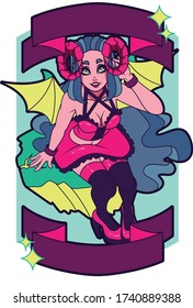 Vector Design of Female Character as Demon with Top and Bottom Ribbon Banners  