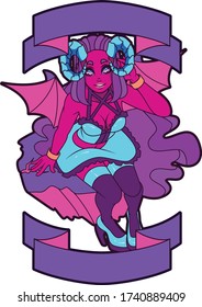 Vector Design of Female Character as Demon with Top and Bottom Ribbon Banners  