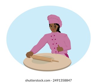 Diseño de Vector de una chef vestida con ropa de chef rosa extendiendo la masa de la torta usando un rodillo de madera mientras sostiene su pulgar