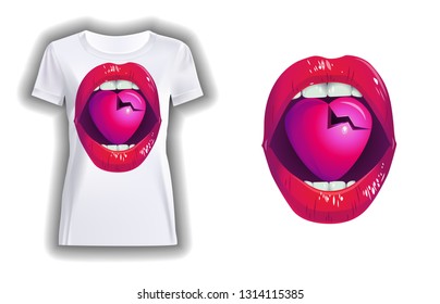 
Vector design of female lips with a broken heart on a white t-shirt. Fashionable women's t-shirts.