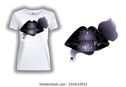 Vector design of female lips on white t-shirt. Fashionable women's t-shirts.