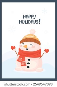 Vector design of a festive winter card with a swarm of snowmen in a scarf and mittens, as well as the inscription Happy Holidays. Christmas card with snowman and snowflakes