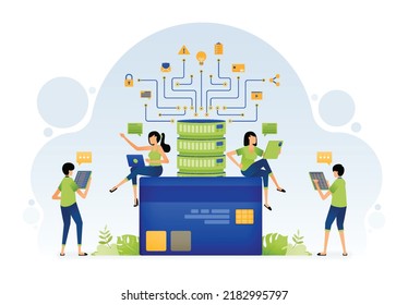 Vector design of financial activities processed in database system for curating credit card loan applications. Illustration can be for landing page website web poster banner mobile app social media ad