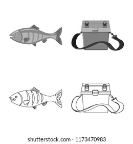 Vector design of fish and fishing logo. Set of fish and equipment stock symbol for web.