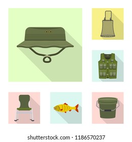 Vector design of fish and fishing logo. Collection of fish and equipment stock vector illustration.