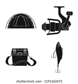 Vector design of fish and fishing logo. Collection of fish and equipment stock symbol for web.