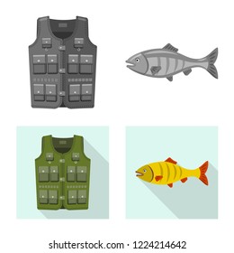 Vector design of fish and fishing logo. Collection of fish and equipment stock vector illustration.
