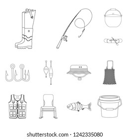 Vector design of fish and fishing logo. Collection of fish and equipment stock symbol for web.