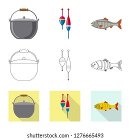 Vector design of fish and fishing logo. Set of fish and equipment stock symbol for web.