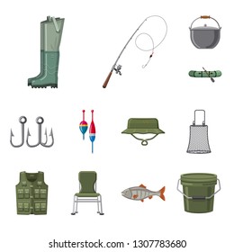 Vector design of fish and fishing logo. Collection of fish and equipment stock symbol for web.