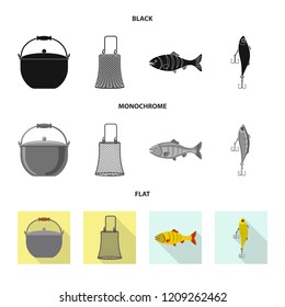 Vector design of fish and fishing sign. Collection of fish and equipment stock symbol for web.
