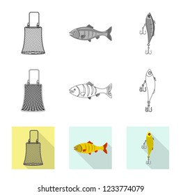 Vector design of fish and fishing sign. Set of fish and equipment stock vector illustration.