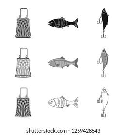 Vector design of fish and fishing sign. Set of fish and equipment stock vector illustration.