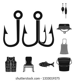 Vector design of fish and fishing sign. Collection of fish and equipment stock symbol for web.