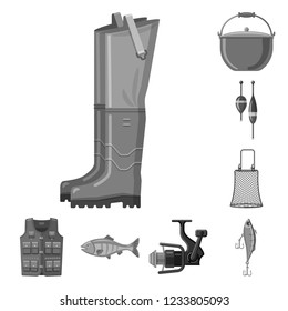 Vector design of fish and fishing symbol. Set of fish and equipment stock vector illustration.
