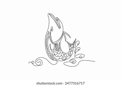 Diseño de Vector de peces y saltar en agua aislado sobre fondo blanco, Icono de silueta de animal acuático dibujado a mano de una línea continua para logotipo o tatuaje de temática natural