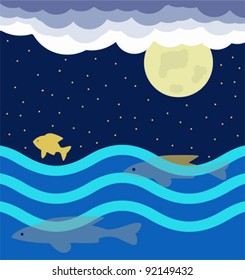 vector design of fish swimming at night with full moon