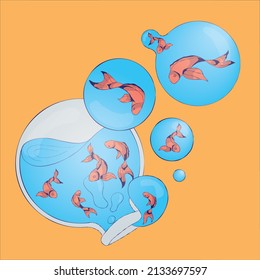 vector design of fish swimming in water bubbles
