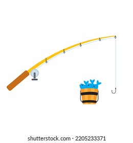 vector design of fishing rods and a bucket of fish, flat design of fishing rods and a bucket of fish