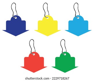 vector design of five labels, tags or price tags of goods in the form of arrows pointing downwards which are still empty, there is no writing and the five labels are dark blue, yellow, dark green, lig