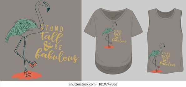 vector design with flamingo drawing for tops print, tank top graphics, vector illustration