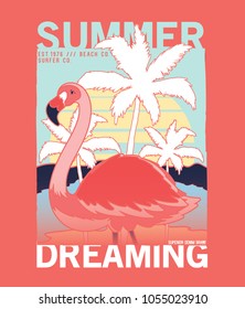 vector design with flamingo drawn for tee print