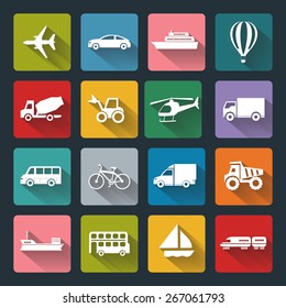 Diseño vectorial iconos planos de Transporte para la web, blanco sobre base de color con sombra larga