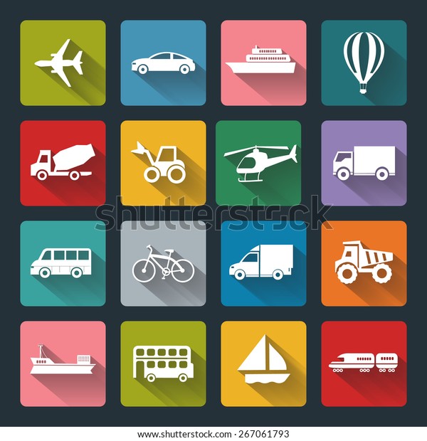 Vector design flat icons of Transport for\
web, white on colored basis with long\
shadow