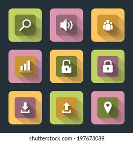 Vector design flat icons for web and mobile, white on colored basis with long shadow