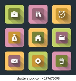 Vector design flat icons for web and mobile, white on colored basis with long shadow