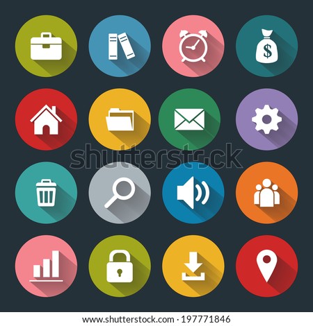 Vector design flat icons for web and mobile, white on colored basis with long shadow