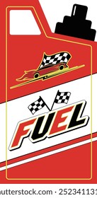 A vector design for a flat logo of an open fuel canister with the word "Fuel" on it, incorporating race car flags and checkered flag elements, in red, white, black, and yellow colors.