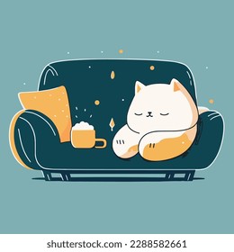 Vector design with flat style, cute mascot for a sleeping cat on a sofa