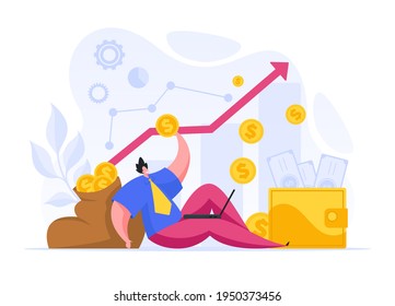 Diseño vectorial de personaje masculino de estilo plano sentado con una bolsa de monedas y usando una laptop mientras aumentan los ingresos y ganan fortuna