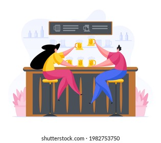 Vector design of flat style man and woman resting at counter in pub and clinking with jugs of craft beer on white background