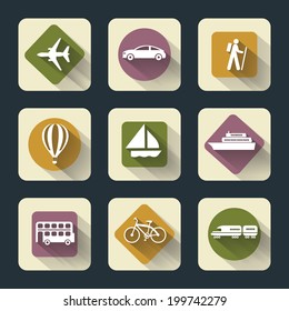 Vector design flat travel icons for web and mobile, white on colored basis with long shadow
